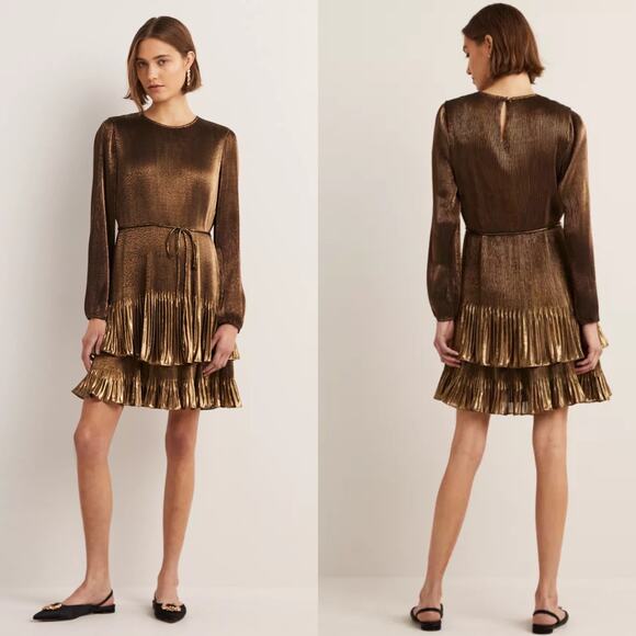 NWT Boden Plisse Mini Dress Size 10R Gold Metallic Shiny Ruffle Hem Tie Waist - Picture 3 of 12